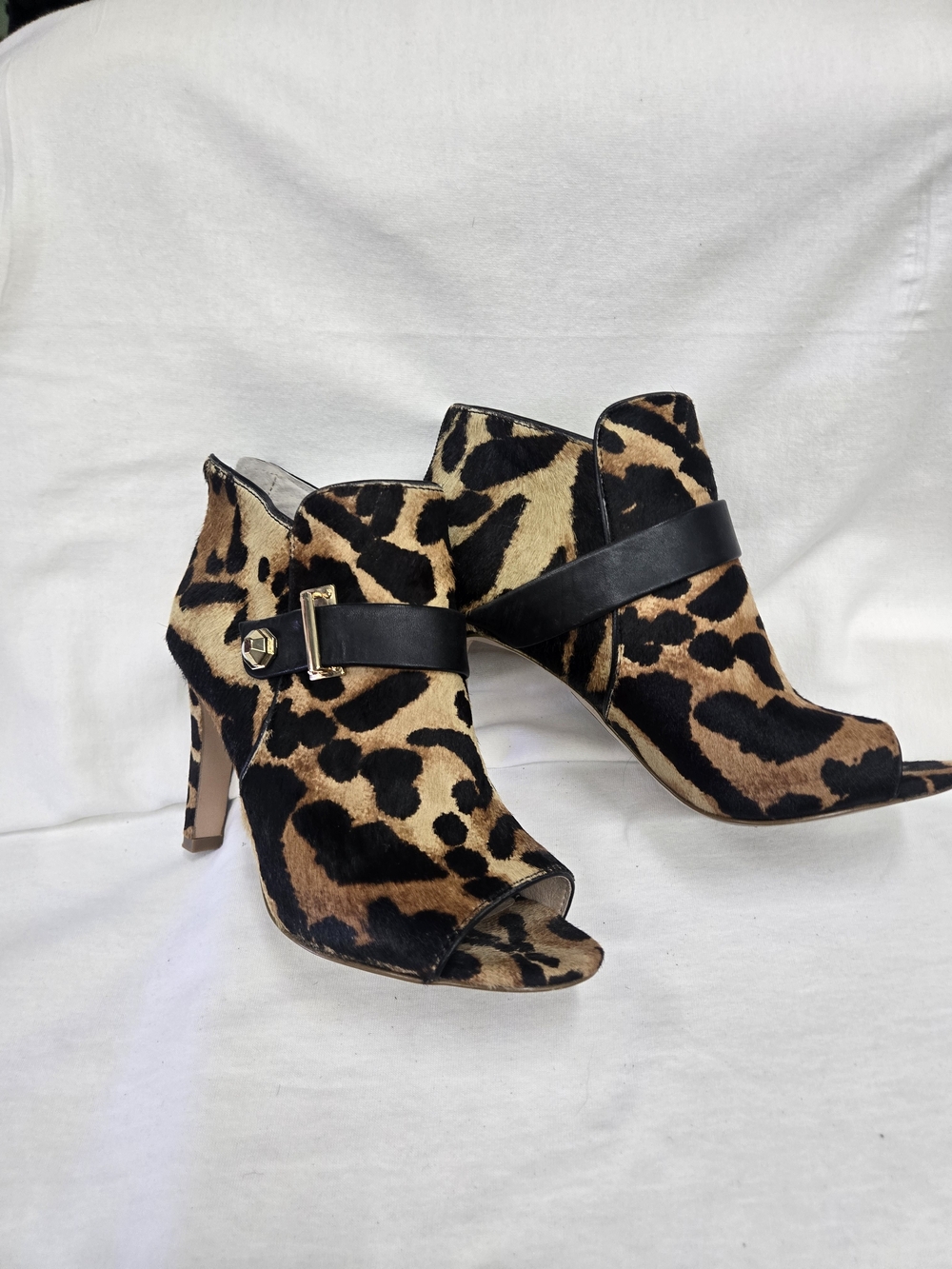 Le Creuset Leopard Print Peep-Toe Mule Booties with Black Strap